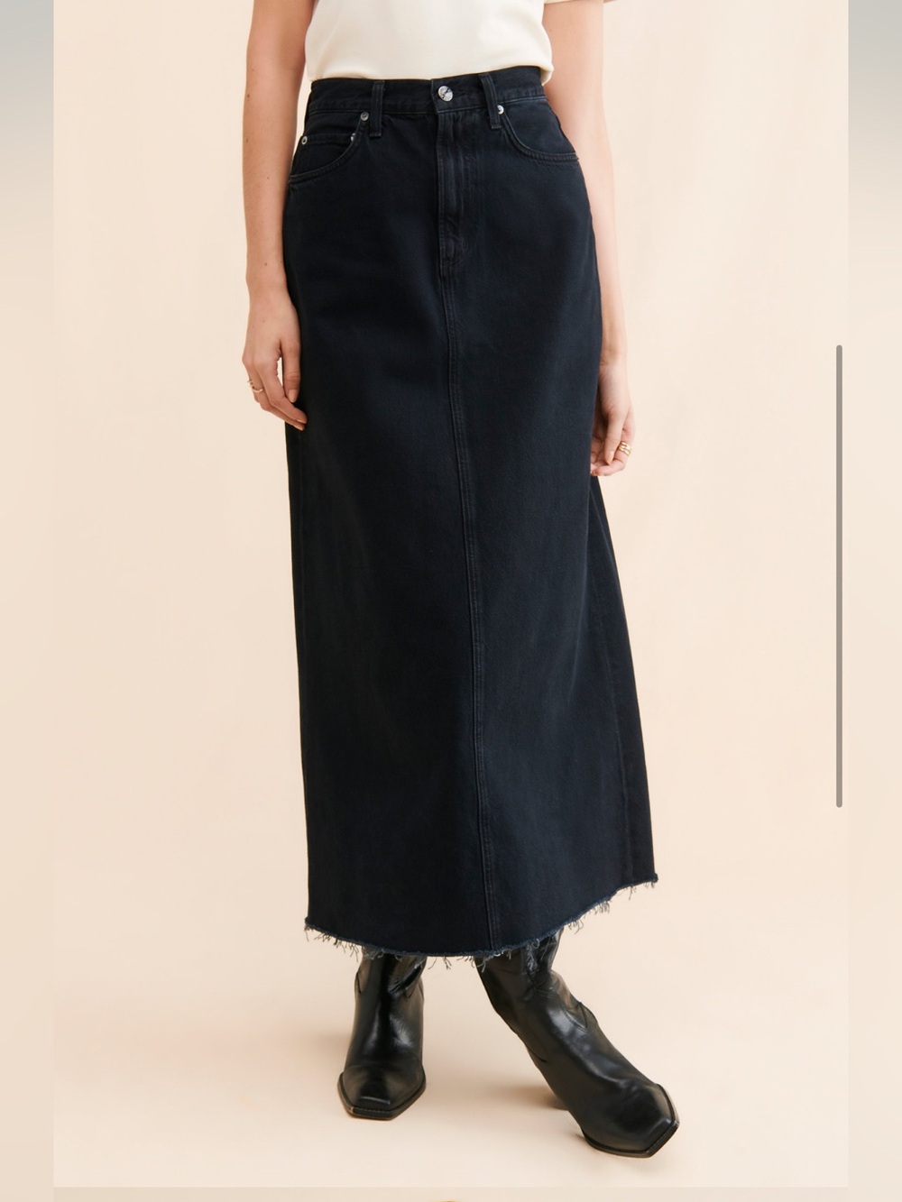 AGOLDE Hilla Denim Maxi Skirt Washed Black Raw Hem Back Slit Size 31